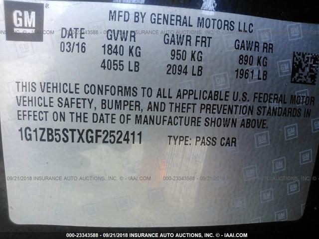 1G1ZB5STXGF252411 - 2016 CHEVROLET MALIBU LS 黑色 照片 9