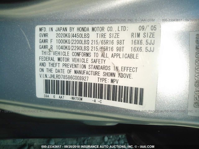 JHLRD78586C008927 - 2006 HONDA CR-V LX SILVER photo 9