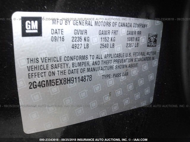 2G4GM5EX8H9114878 - 2017 BUICK REGAL BLACK photo 9