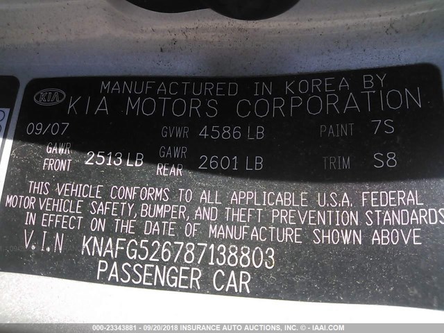 KNAFG526787138803 - 2008 KIA RONDO LX/EX SILVER photo 9