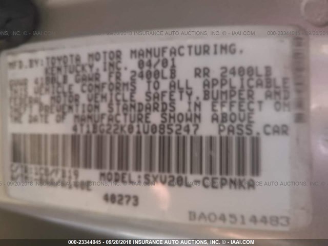 4T1BG22K01U085247 - 2001 TOYOTA CAMRY CE/LE/XLE 银色 照片 9