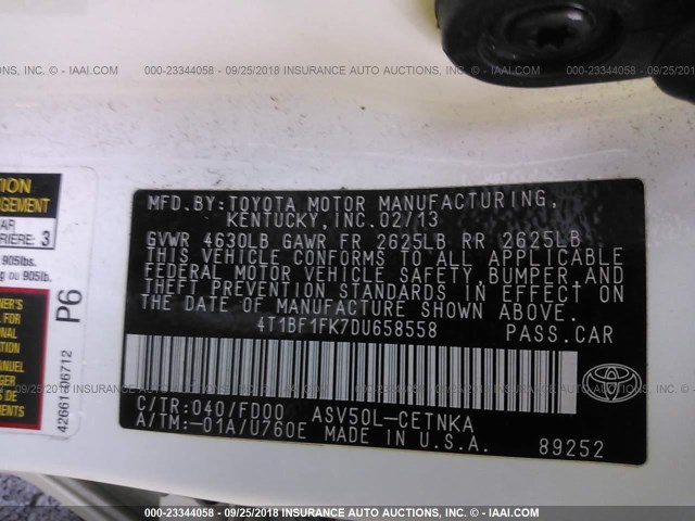 4T1BF1FK7DU658558 - 2013 TOYOTA CAMRY L/SE/LE/XLE Ağ foto 9