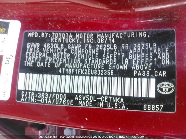 4T1BF1FK2EU832358 - 2014 TOYOTA CAMRY L/SE/LE/XLE Qırmızı foto 9