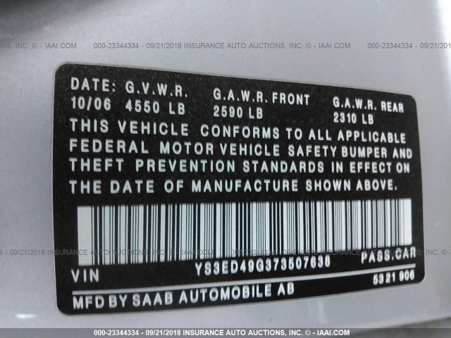 YS3ED49G373507638 - 2007 SAAB 9-5 2.3T SILVER photo 9