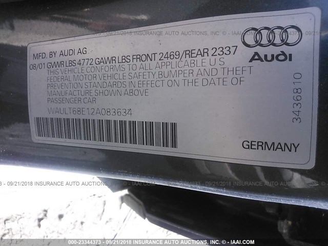 WAULT68E12A083634 - 2002 AUDI A4 3.0 QUATTRO GRAY photo 9