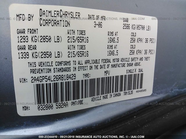 2A4GP54L26R818429 - 2006 CHRYSLER TOWN & COUNTRY TOURING Açıq mavi foto 9