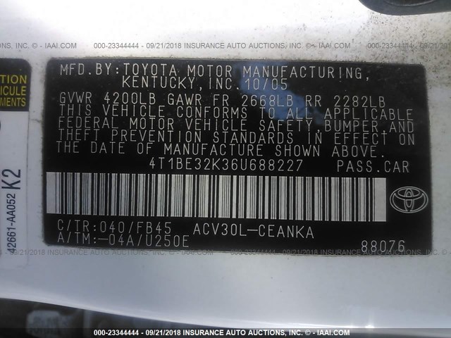 4T1BE32K36U688227 - 2006 TOYOTA CAMRY LE/XLE/SE Ақ фото 9