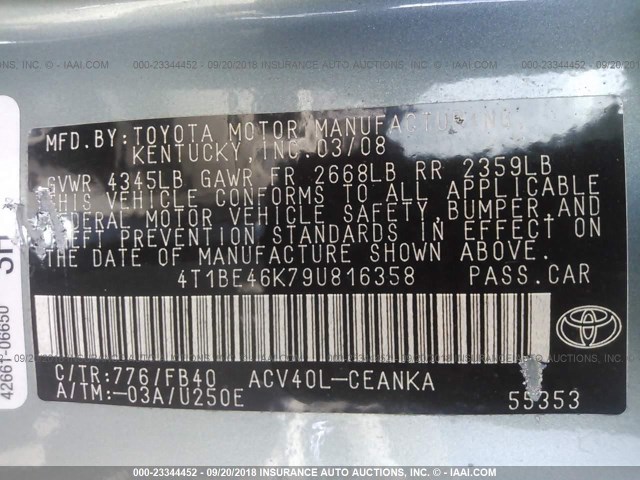 4T1BE46K79U816358 - 2009 TOYOTA CAMRY SE/LE/XLE 绿色 照片 9