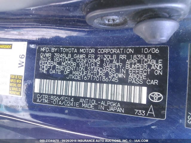 JTKDE167170186745 - 2007 TOYOTA SCION TC 蓝色 照片 9