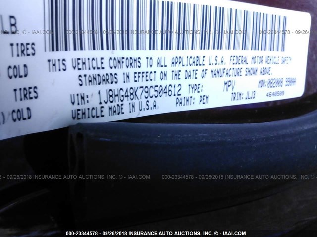 1J8HG48K79C504612 - 2009 JEEP COMMANDER SPORT ბურგუნდია ფოტო 9