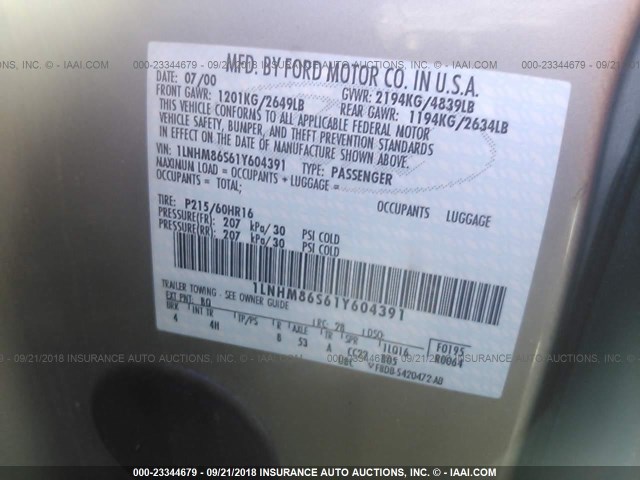 1LNHM86S61Y604391 - 2001 LINCOLN LS 棕色 照片 9