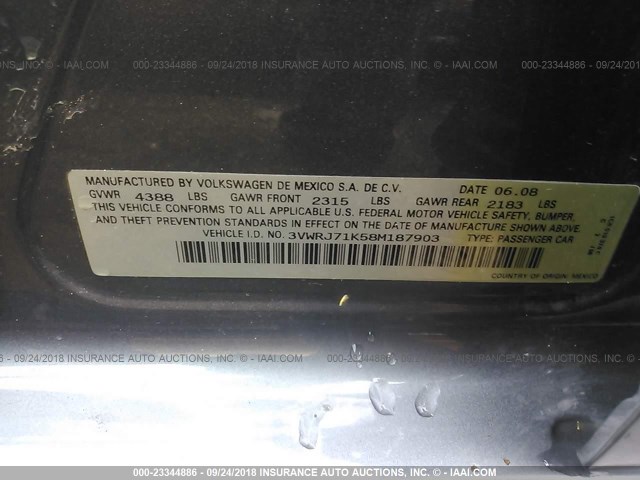 3VWRJ71K58M187903 - 2008 VOLKSWAGEN JETTA WOLFSBURG 灰色 照片 9