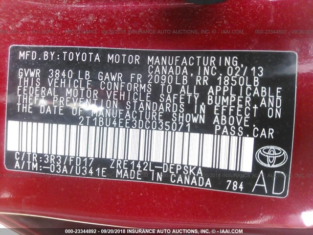 2T1BU4EE3DC035071 - 2013 TOYOTA COROLLA S/LE RED photo 9