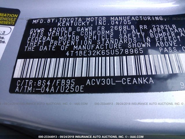 4T1BE32K65U578965 - 2005 TOYOTA CAMRY LE/XLE/SE Ашық көк фото 9