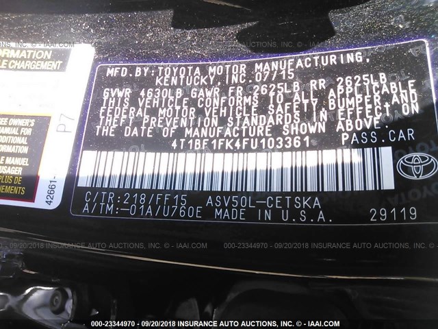 4T1BF1FK4FU103361 - 2015 TOYOTA CAMRY LE/XLE/SE/XSE 黑色 照片 9