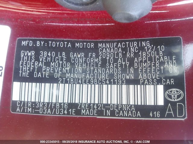 2T1BU4EE9BC541193 - 2011 TOYOTA COROLLA S/LE RED photo 9