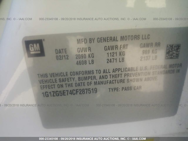 1G1ZG5E74CF287519 - 2012 CHEVROLET MALIBU LTZ 白色 照片 9