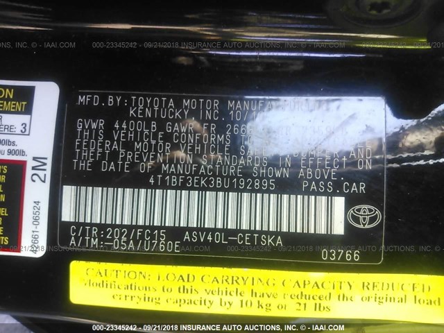 4T1BF3EK3BU192895 - 2011 TOYOTA CAMRY SE/LE/XLE შავი ფოტო 9