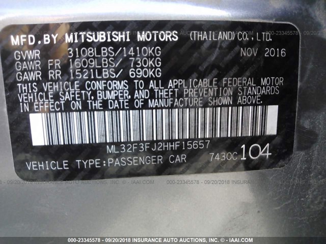 ML32F3FJ2HHF15657 - 2017 MITSUBISHI MIRAGE G4 ES ნაცრისფერი ფოტო 9