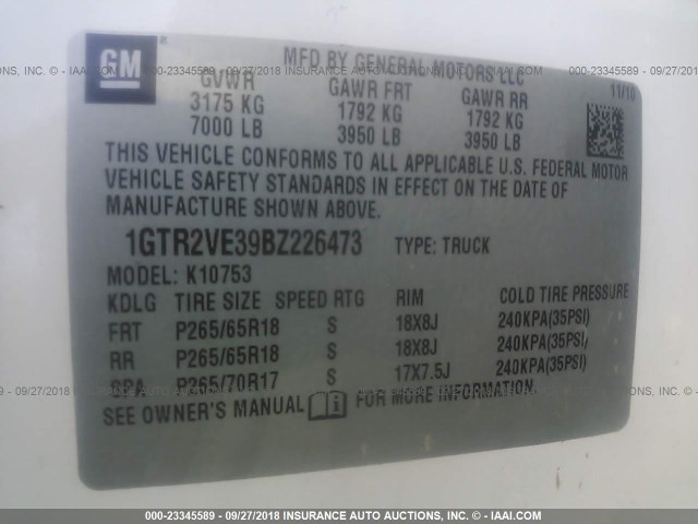 1GTR2VE39BZ226473 - 2011 GMC SIERRA K1500 SLE WHITE photo 9