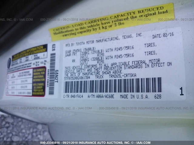 5TFRX5GN8GX061504 - 2016 TOYOTA TACOMA ACCESS CAB/SR/SR5 白色 照片 9