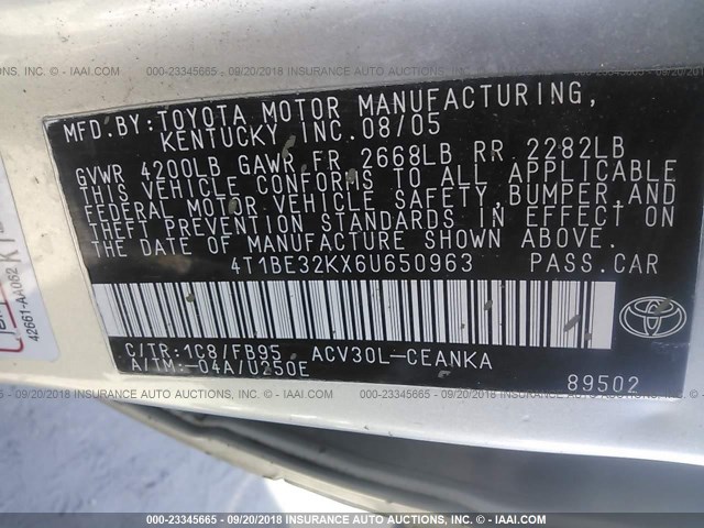 4T1BE32KX6U650963 - 2006 TOYOTA CAMRY LE/XLE/SE Boz foto 9