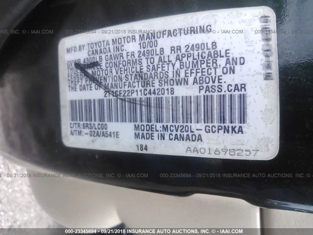 2T1CF22P11C442018 - 2001 TOYOTA CAMRY SOLARA SE/SLE მწვანე ფოტო 9