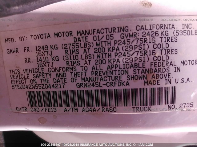 5TEUU42N55Z044217 - 2005 TOYOTA TACOMA ACCESS CAB Ağ foto 9