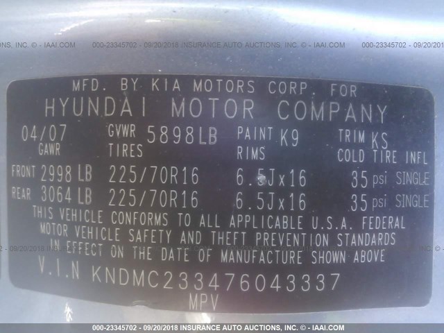 KNDMC233476043337 - 2007 HYUNDAI ENTOURAGE GLS/SE/LIMITED BLUE photo 9