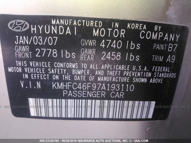 KMHFC46F97A193110 - 2007 HYUNDAI AZERA SE/LIMITED GOLD photo 9