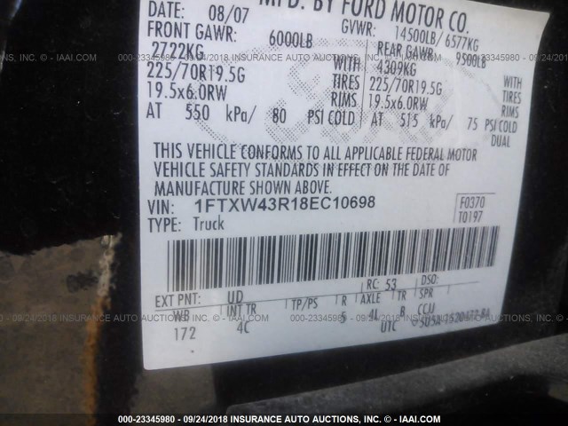 1FTXW43R18EC10698 - 2008 FORD F450 SUPER DUTY BLACK photo 10