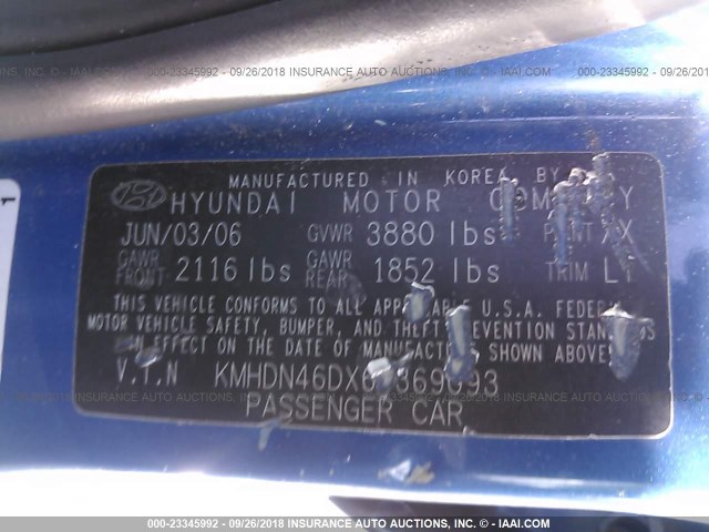 KMHDN46DX6U369093 - 2006 HYUNDAI ELANTRA GLS/GT/LIMITED BLUE photo 9