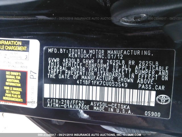 4T1BF1FK7CU053549 - 2012 TOYOTA CAMRY SE/LE/XLE შავი ფოტო 9