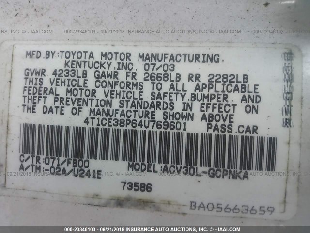 4T1CE38P64U769601 - 2004 TOYOTA CAMRY SOLARA SE/SLE თეთრი ფოტო 9