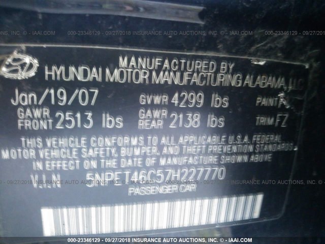 5NPET46C57H227770 - 2007 HYUNDAI SONATA GLS BLACK photo 9