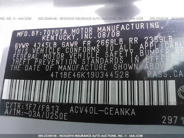 4T1BE46K19U344528 - 2009 TOYOTA CAMRY SE/LE/XLE ვერცხლისფერი ფოტო 9