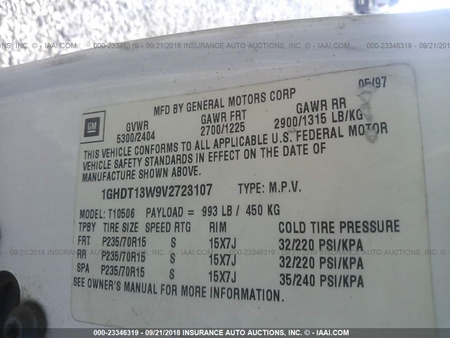 1GHDT13W9V2723107 - 1997 OLDSMOBILE BRAVADA WHITE photo 9