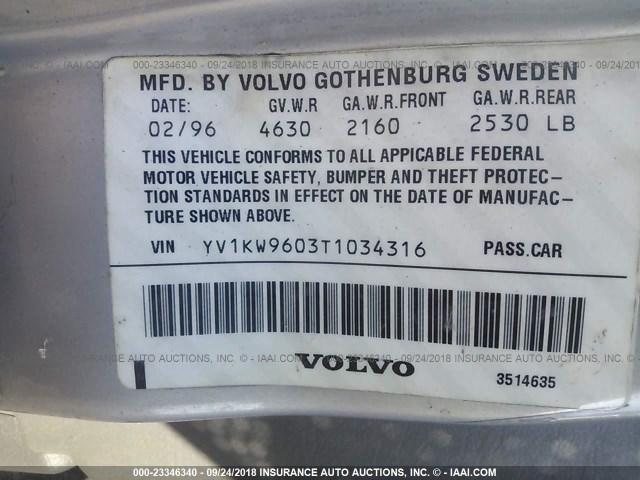 YV1KW9603T1034316 - 1996 VOLVO 960 SILVER photo 9