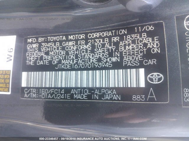 JTKDE167070193945 - 2007 TOYOTA SCION TC 灰色 照片 9