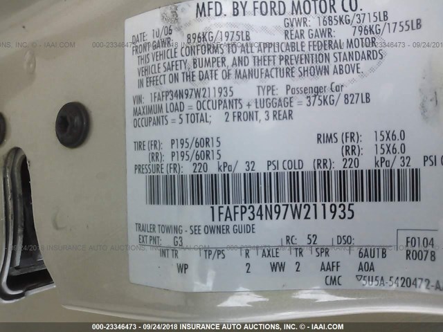 1FAFP34N97W211935 - 2007 FORD FOCUS ZX4/S/SE/SES თაფლისფერი ფოტო 9