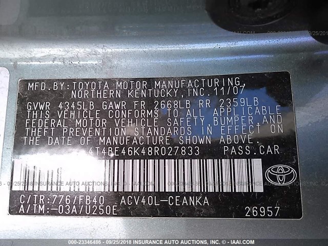 4T4BE46K48R027833 - 2008 TOYOTA CAMRY CE/LE/XLE/SE Light Blue photo 9