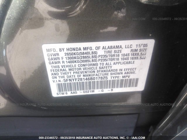 5FNYF28146B017825 - 2006 HONDA PILOT LX GRAY photo 9