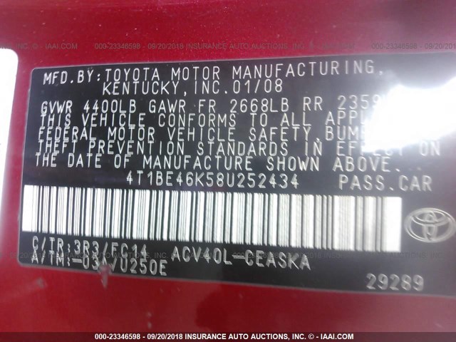 4T1BE46K58U252434 - 2008 TOYOTA CAMRY CE/LE/XLE/SE RED photo 9
