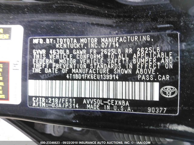 4T1BD1FK6EU139914 - 2014 TOYOTA CAMRY HYBRID/LE/XLE 黑色 照片 9