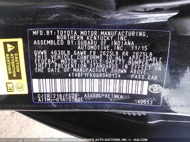 4T4BF1FK6GR540124 - 2016 TOYOTA CAMRY LE/XLE/SE/XSE BLACK photo 9