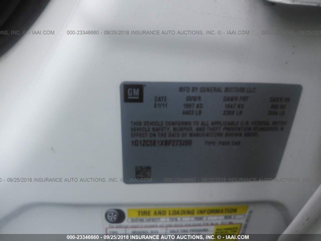 1G1ZC5E1XBF273288 - 2011 CHEVROLET MALIBU 1LT 白色 照片 9