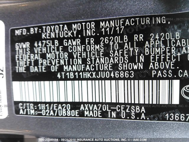 4T1B11HKXJU046863 - 2018 TOYOTA CAMRY L/LE/XLE/SE/XSE GRAY photo 9