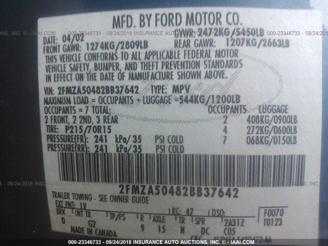 2FMZA50482BB37642 - 2002 FORD WINDSTAR LX BLUE photo 9