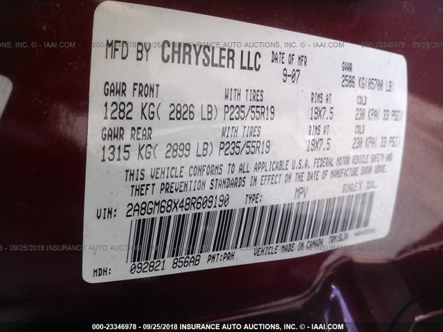 2A8GM68X48R609190 - 2008 CHRYSLER PACIFICA TOURING RED photo 9