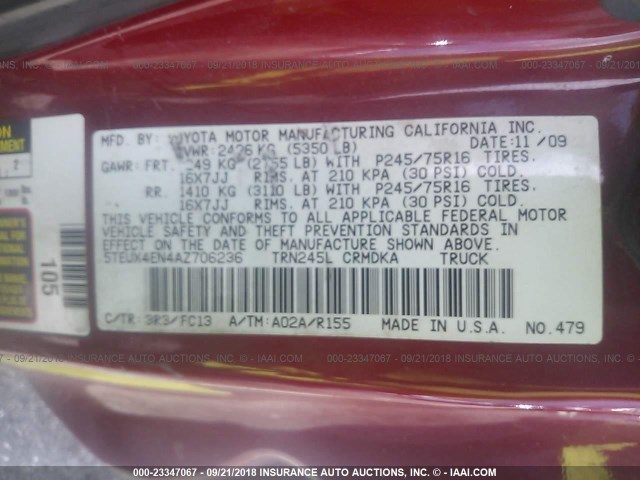 5TEUX4EN4AZ706236 - 2010 TOYOTA TACOMA ACCESS CAB Қызыл фото 9